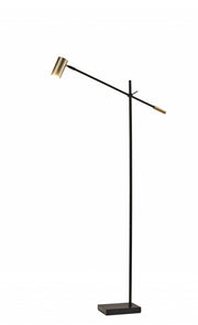 63" Black And Gold Adjustable LED Task Floor Lamp With Antiqued Brass Metal Cylinder Shade-Floor Lamps-DECOROLALA