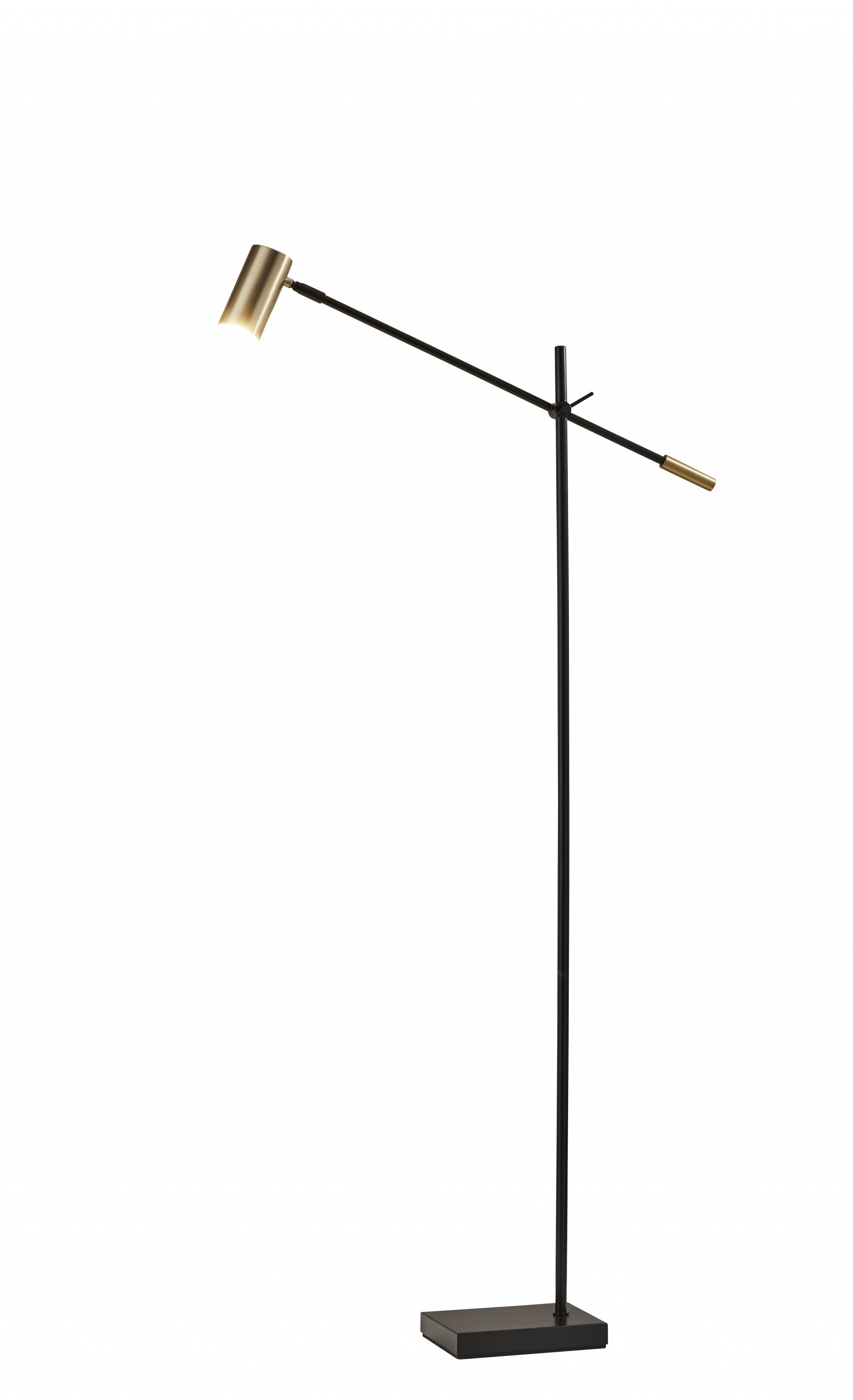 63" Black And Gold Adjustable LED Task Floor Lamp With Antiqued Brass Metal Cylinder Shade-Floor Lamps-DECOROLALA