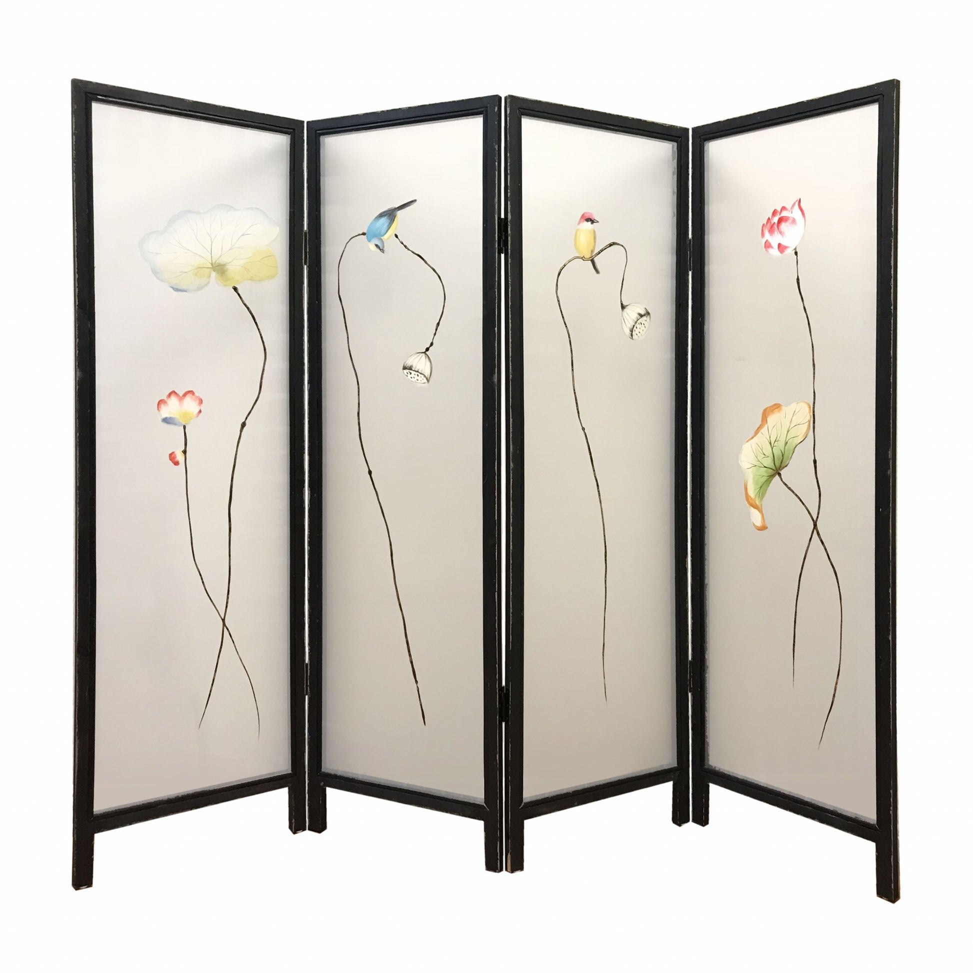 63" Black and White Fabric Folding Four Panel Screen Room Divider-Room Dividers-DECOROLALA