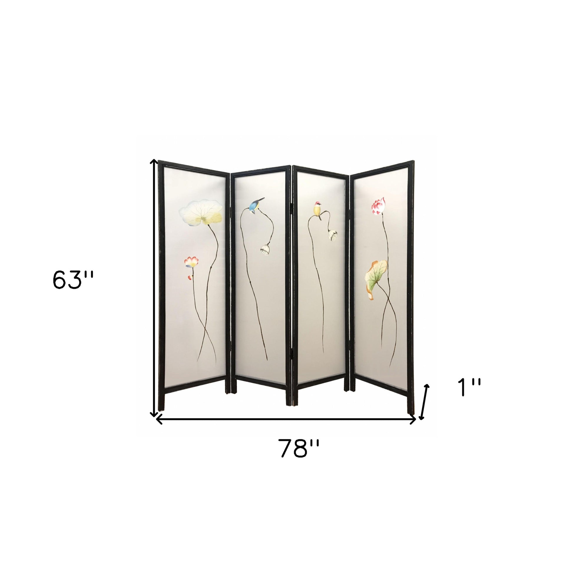 63" Black and White Fabric Folding Four Panel Screen Room Divider-Room Dividers-DECOROLALA