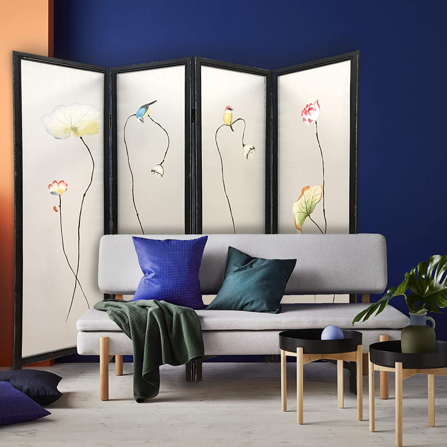 63" Black and White Fabric Folding Four Panel Screen Room Divider-Room Dividers-DECOROLALA