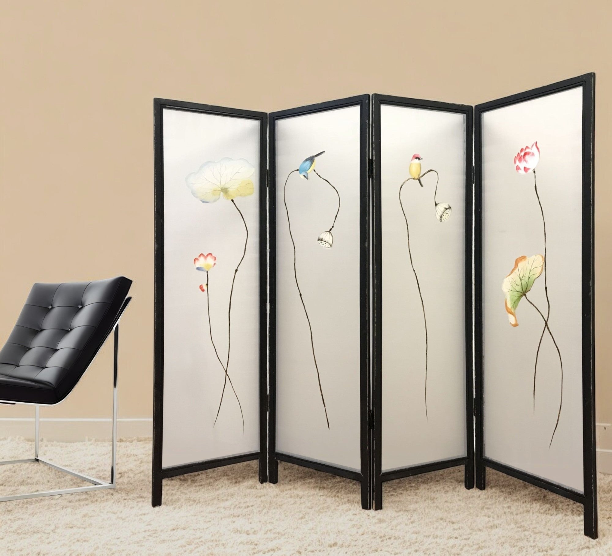 63" Black and White Fabric Folding Four Panel Screen Room Divider-Room Dividers-DECOROLALA