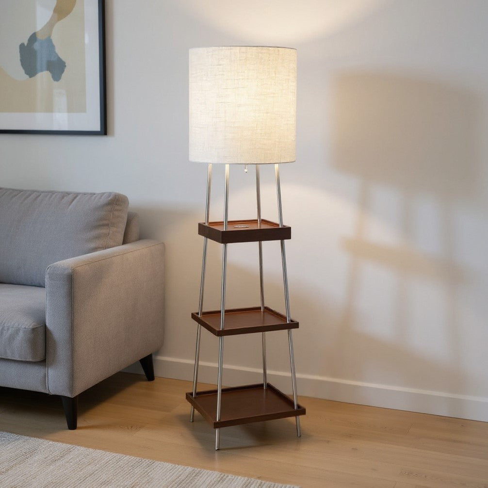 63" Brown And White Column Floor Lamp With White Fabric Drum Shade-Floor Lamps-DECOROLALA