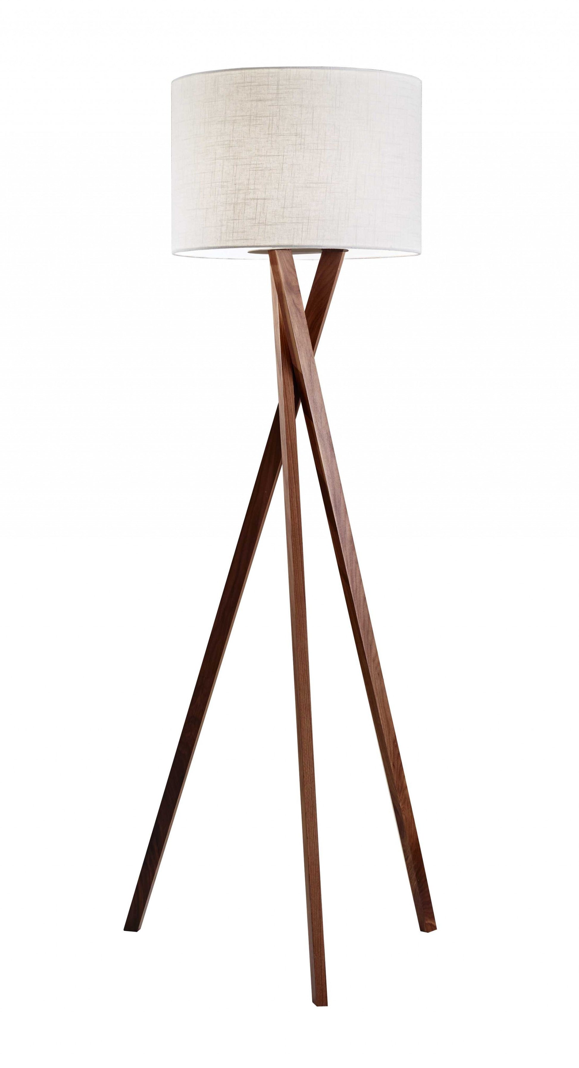 63" Brown And White Solid Wood Tripod Floor Lamp With White Linen Drum Shade-Floor Lamps-DECOROLALA