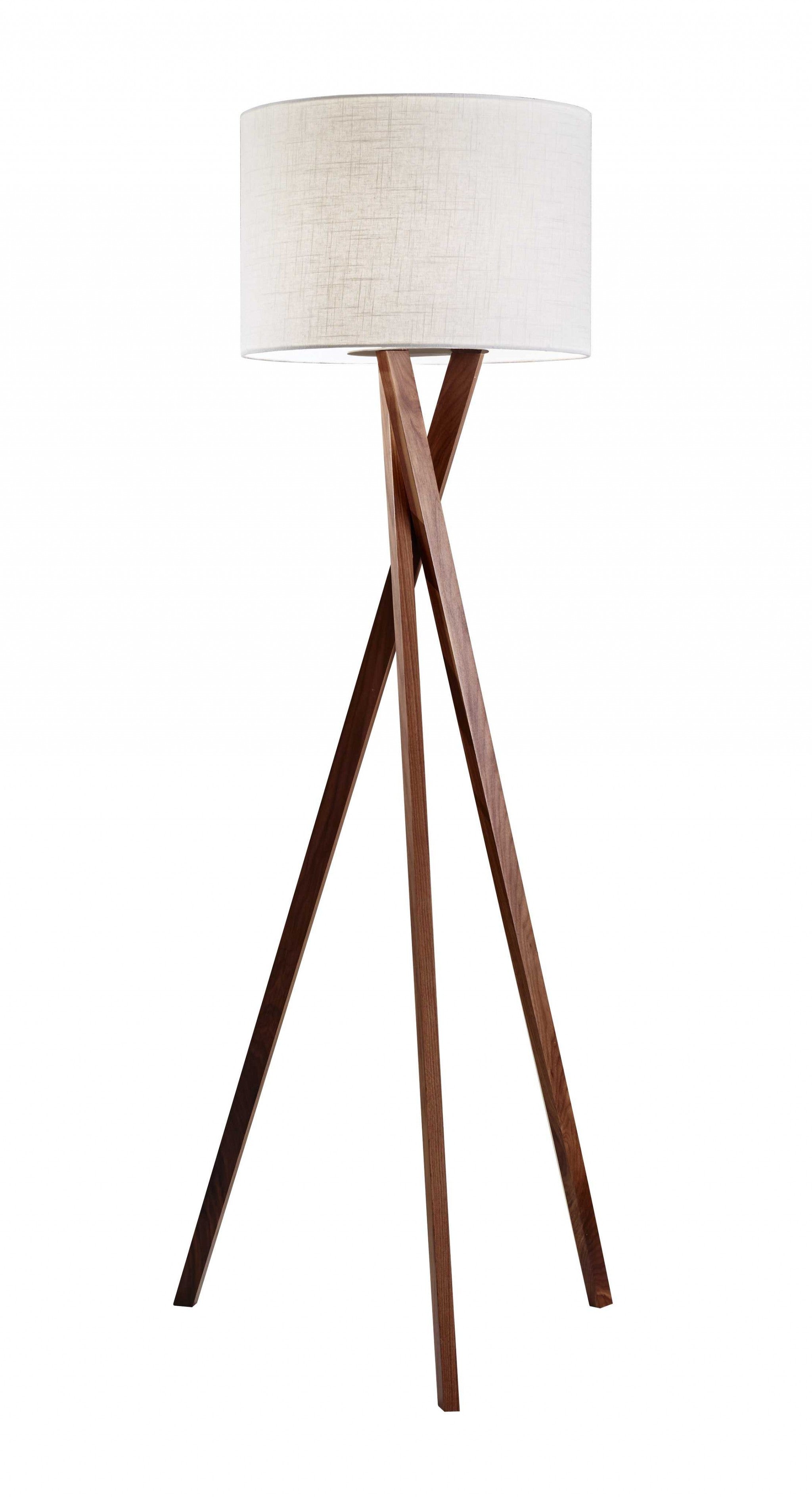 63" Brown And White Solid Wood Tripod Floor Lamp With White Linen Drum Shade-Floor Lamps-DECOROLALA