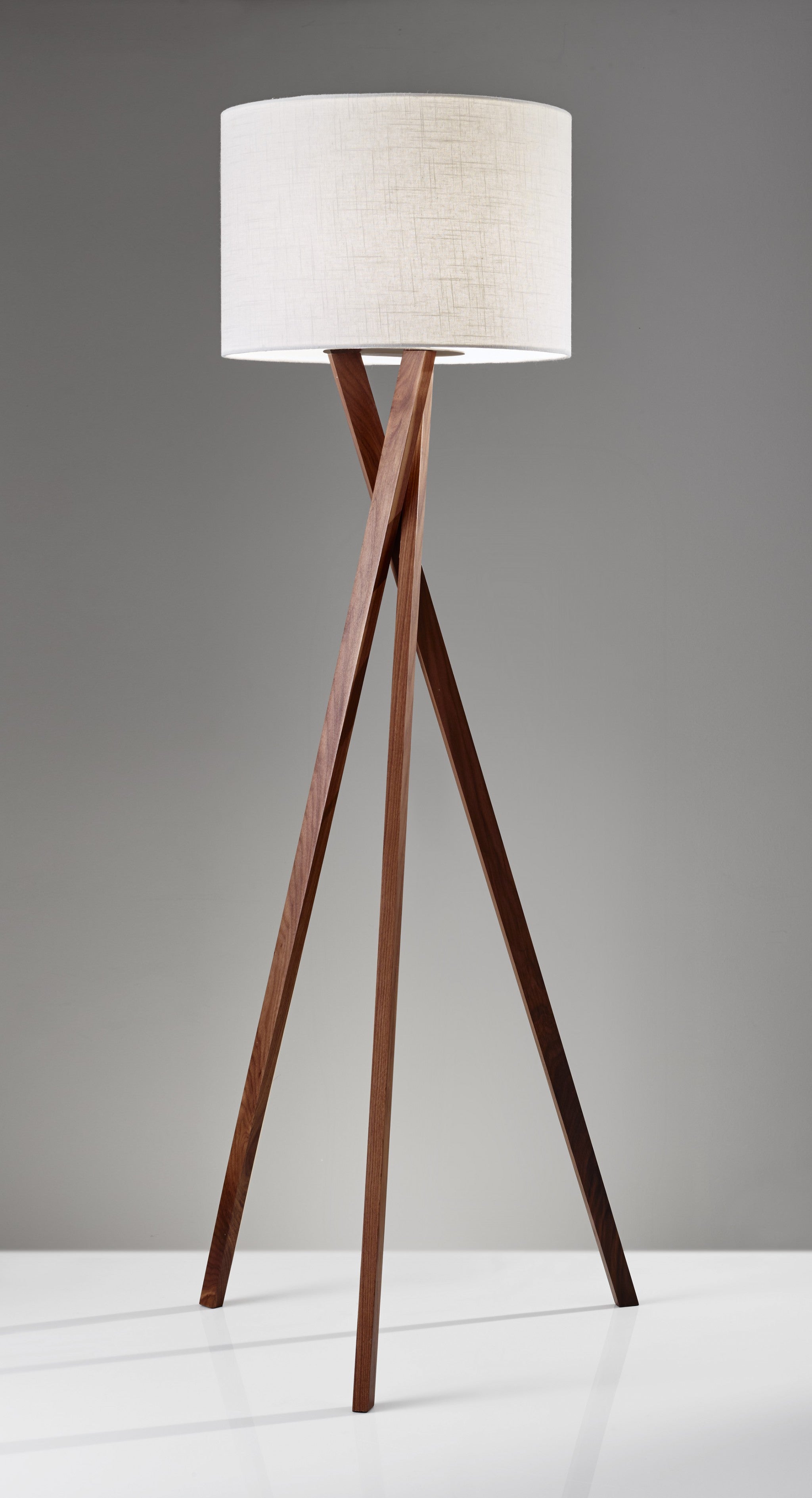 63" Brown And White Solid Wood Tripod Floor Lamp With White Linen Drum Shade-Floor Lamps-DECOROLALA