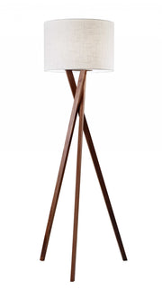 63" Brown And White Solid Wood Tripod Floor Lamp With White Linen Drum Shade-Floor Lamps-DECOROLALA