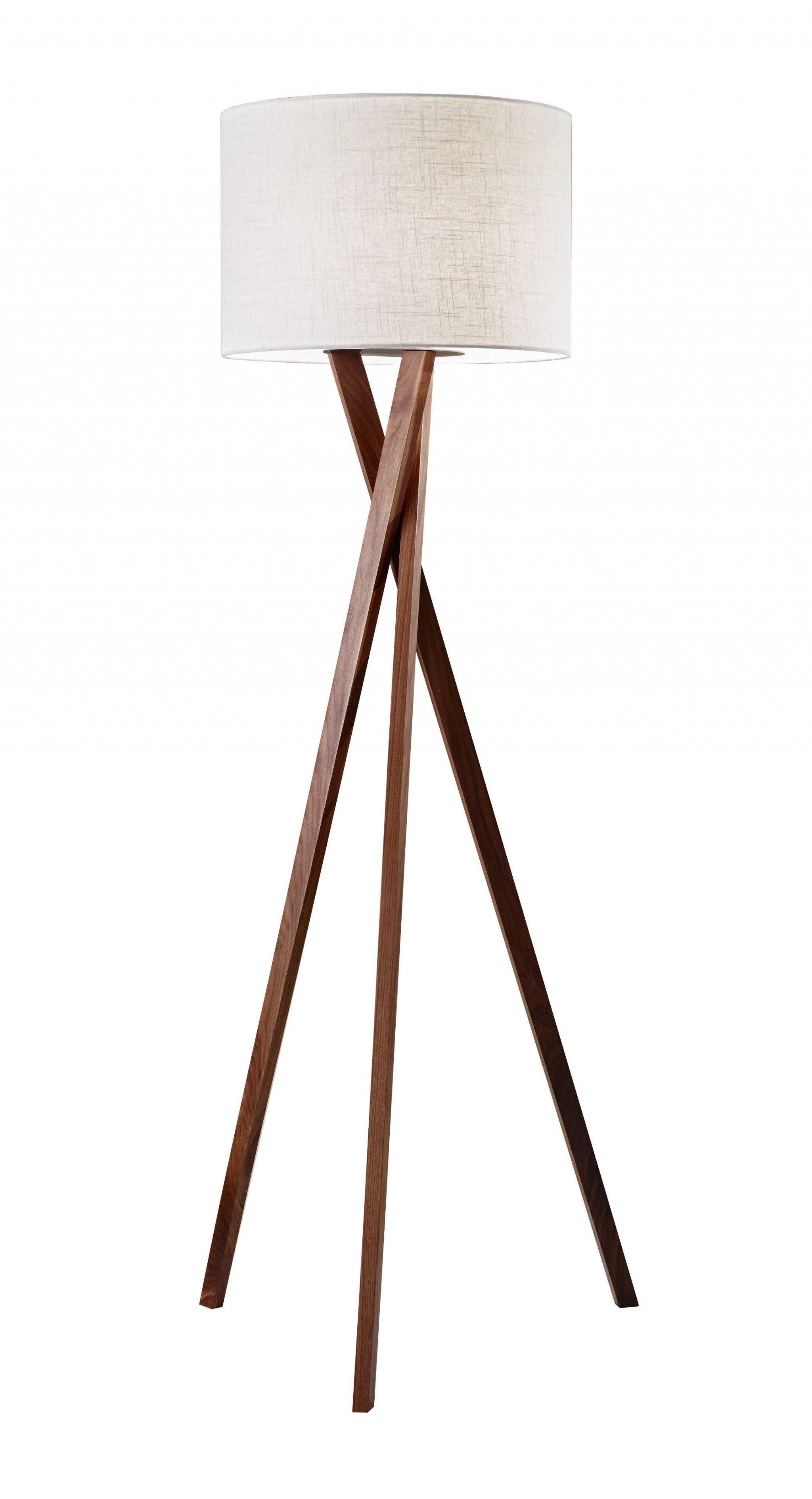 63" Brown And White Solid Wood Tripod Floor Lamp With White Linen Drum Shade-Floor Lamps-DECOROLALA