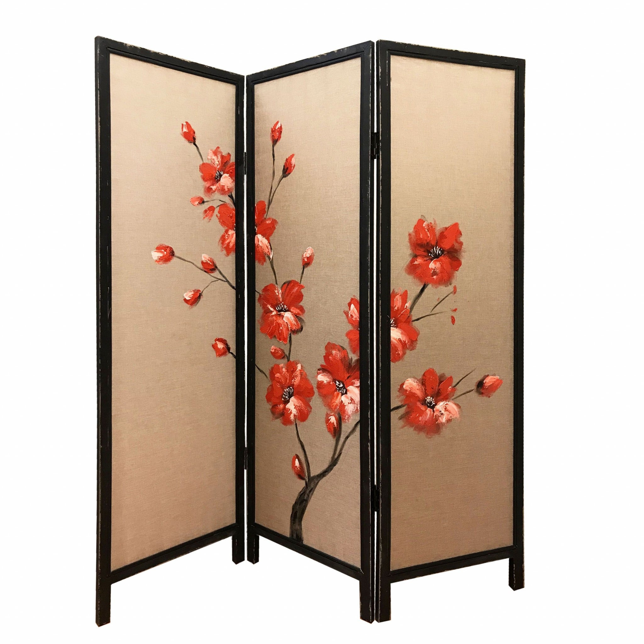 63" Brown Fabric Folding Three Panel Screen Room Divider-Room Dividers-DECOROLALA