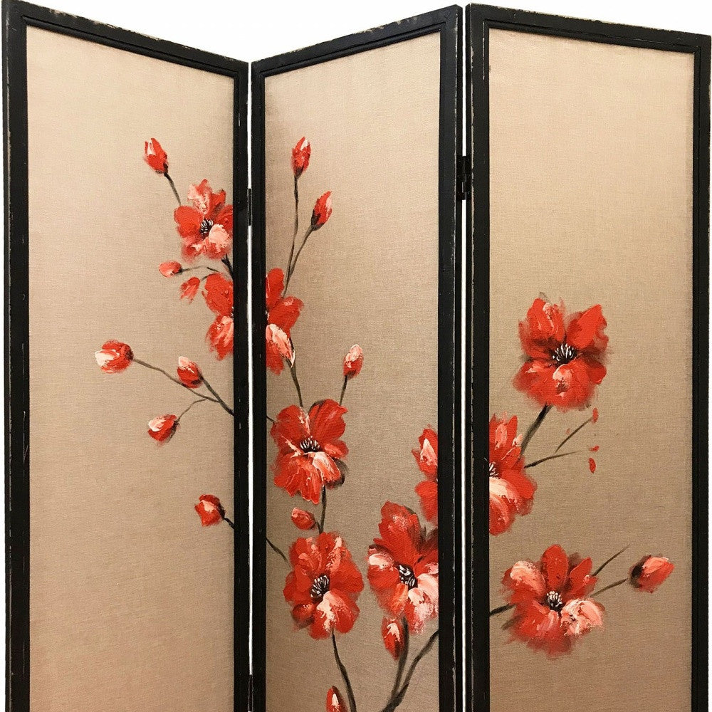 63" Brown Fabric Folding Three Panel Screen Room Divider-Room Dividers-DECOROLALA