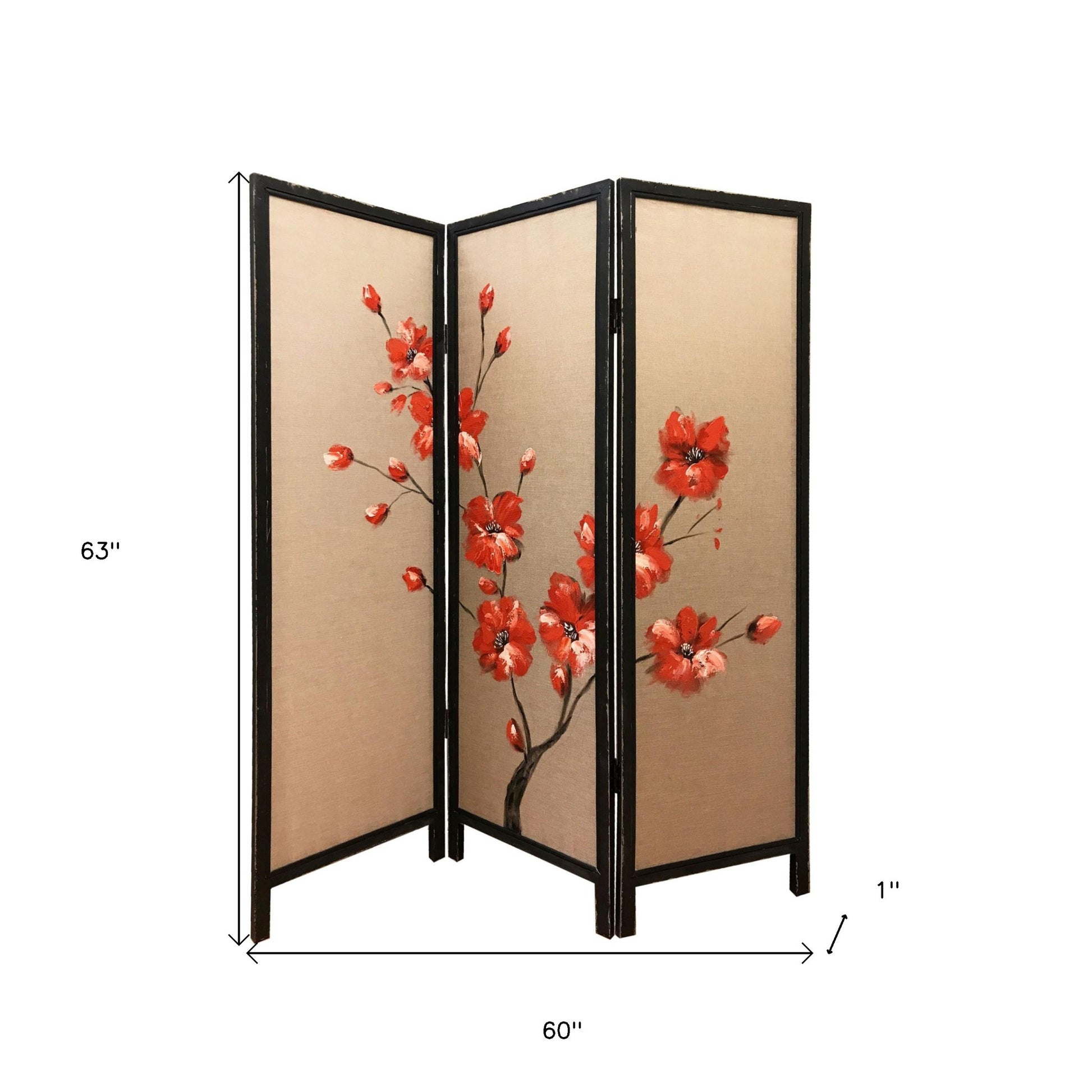 63" Brown Fabric Folding Three Panel Screen Room Divider-Room Dividers-DECOROLALA