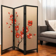 63" Brown Fabric Folding Three Panel Screen Room Divider-Room Dividers-DECOROLALA