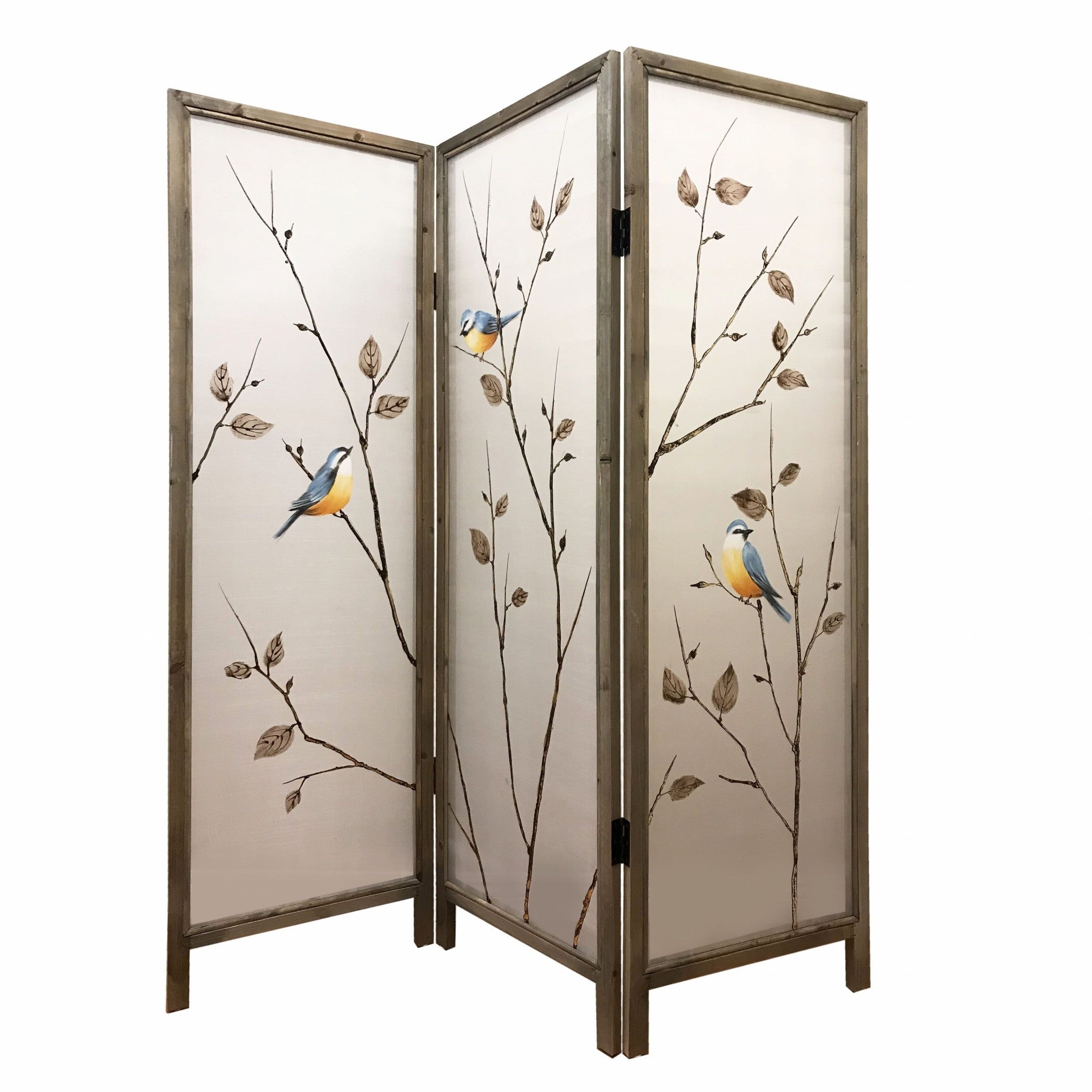 63" Brown Fabric and Wood Folding Three Panel Screen Room Divider-Room Dividers-DECOROLALA