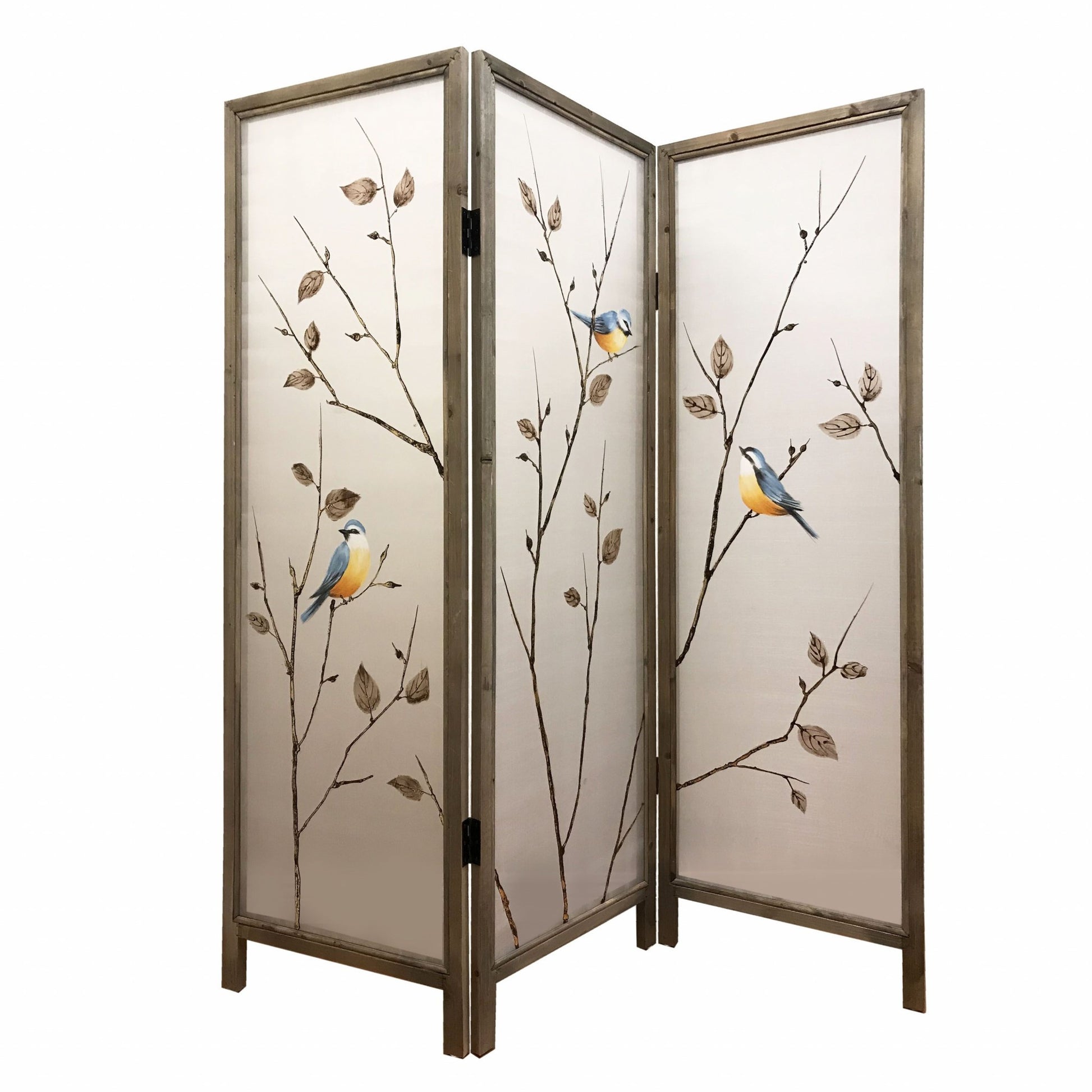 63" Brown Fabric and Wood Folding Three Panel Screen Room Divider-Room Dividers-DECOROLALA