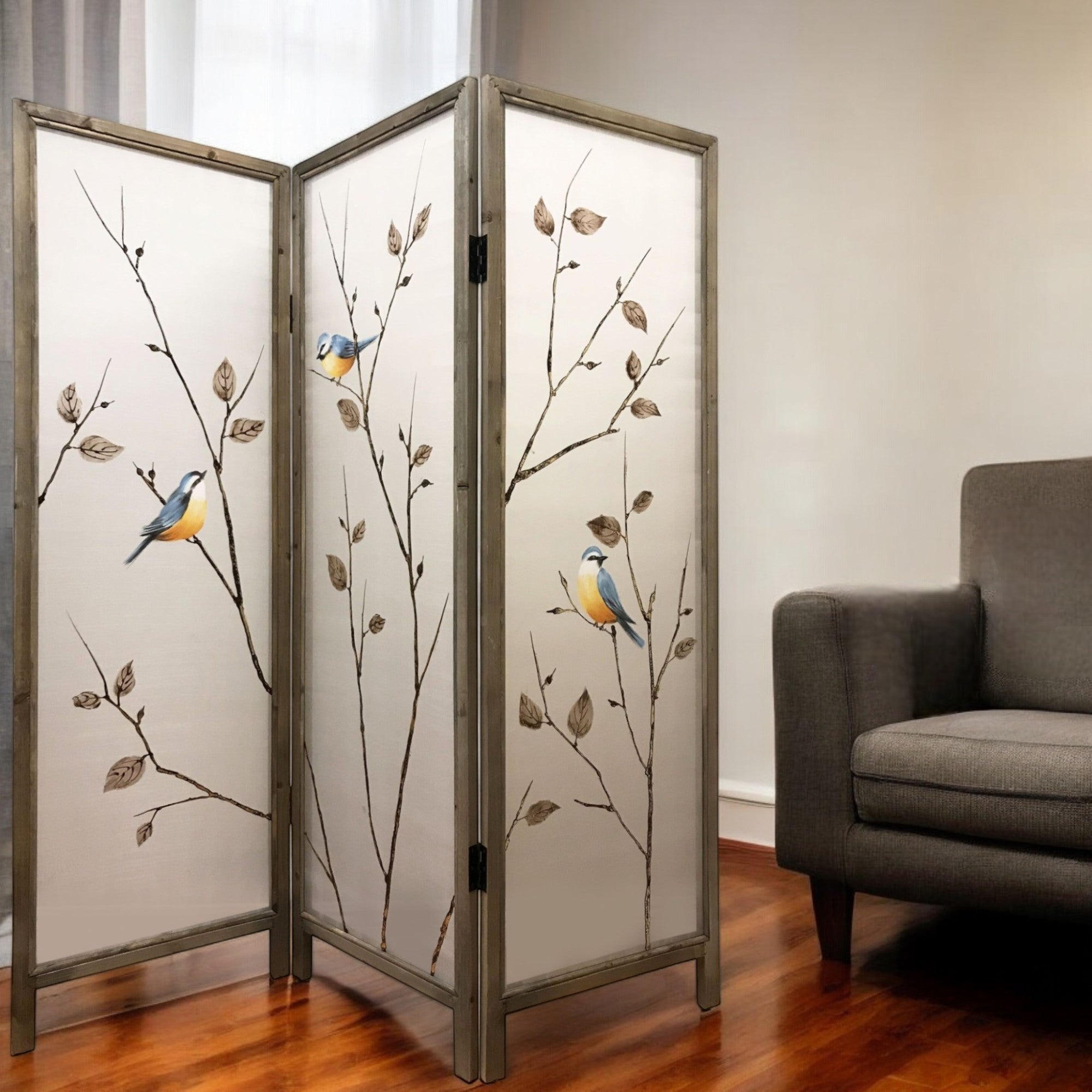 63" Brown Fabric and Wood Folding Three Panel Screen Room Divider-Room Dividers-DECOROLALA