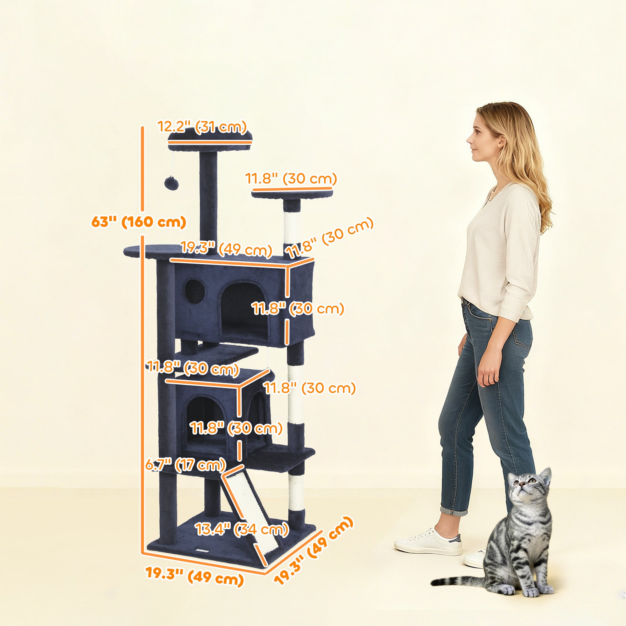 63" Cat Tree, Multi-Level Cat Tower with Scratching Posts, Cat Condos, Bed, Platforms, Ramp, Toy Ball, Dark Blue-Cats-DECOROLALA