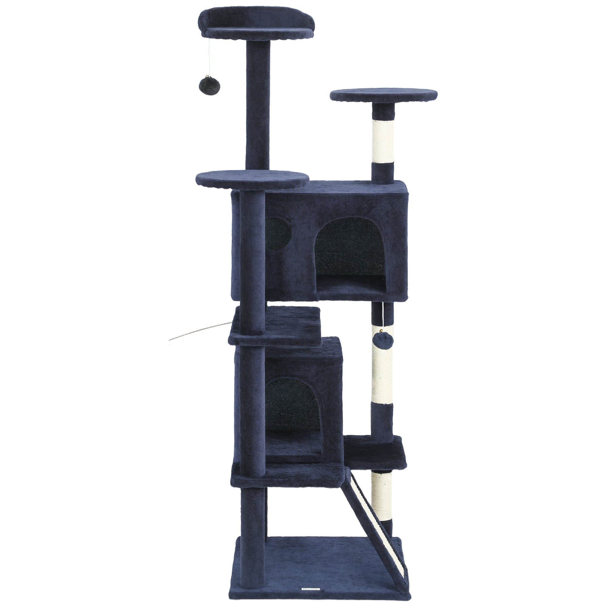 63" Cat Tree, Multi-Level Cat Tower with Scratching Posts, Cat Condos, Bed, Platforms, Ramp, Toy Ball, Dark Blue-Cats-DECOROLALA