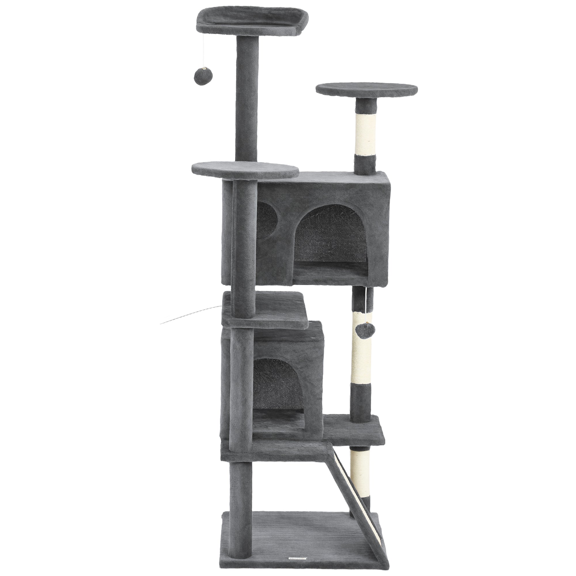 63" Cat Tree, Multi-Level Cat Tower with Scratching Posts, Cat Condos, Bed, Platforms, Ramp, Toy Ball, Dark Grey-Cats-DECOROLALA