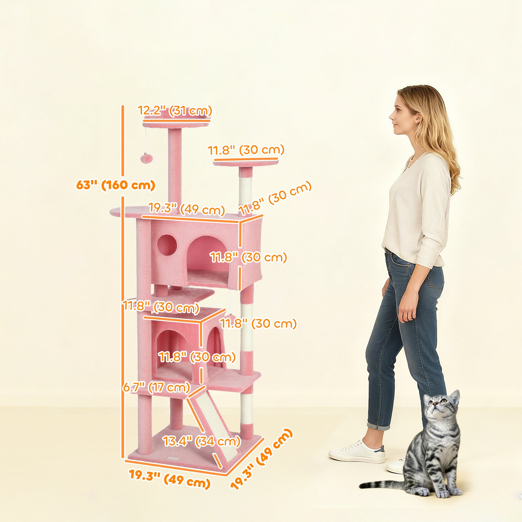 63" Cat Tree, Multi-Level Cat Tower with Scratching Posts, Cat Condos, Bed, Platforms, Ramp, Toy Ball, Pink-Cats-DECOROLALA