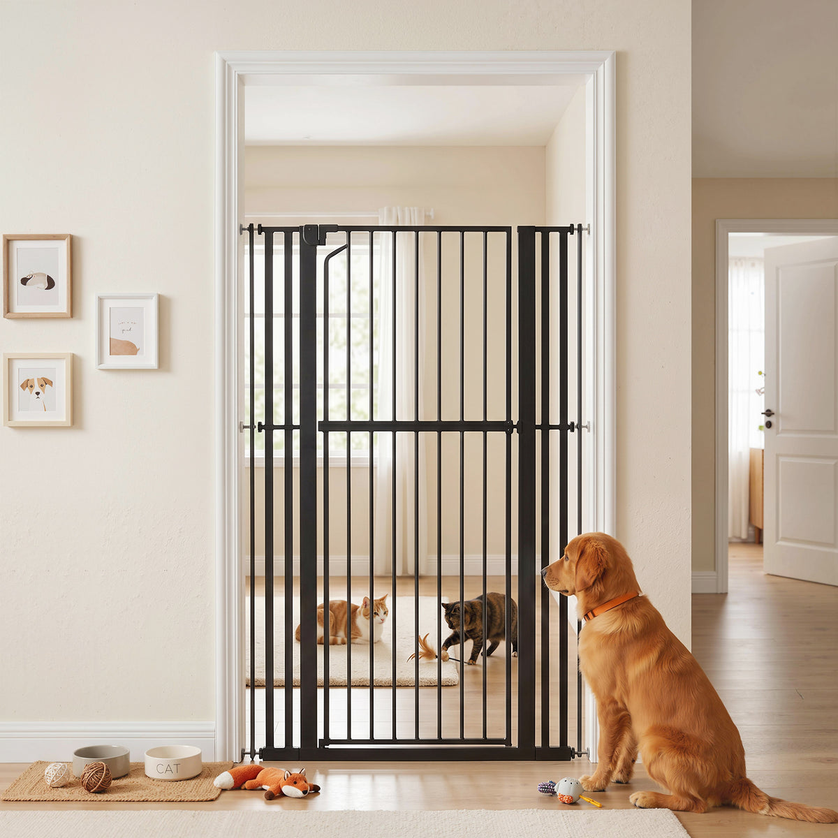63" Extra Tall Pet Gate - 30-41" Wide Pressure Mounted Black Steel-Dog Supplies-DECOROLALA