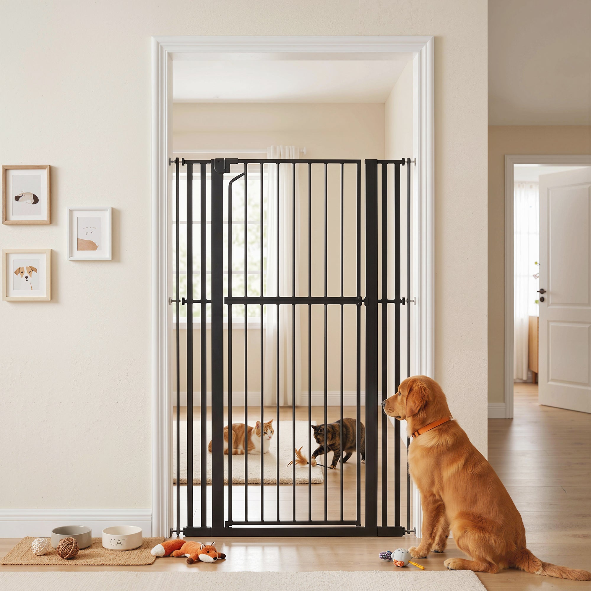 63" Extra Tall Pet Gate - 30-41" Wide Pressure Mounted Black Steel-Dogs-DECOROLALA