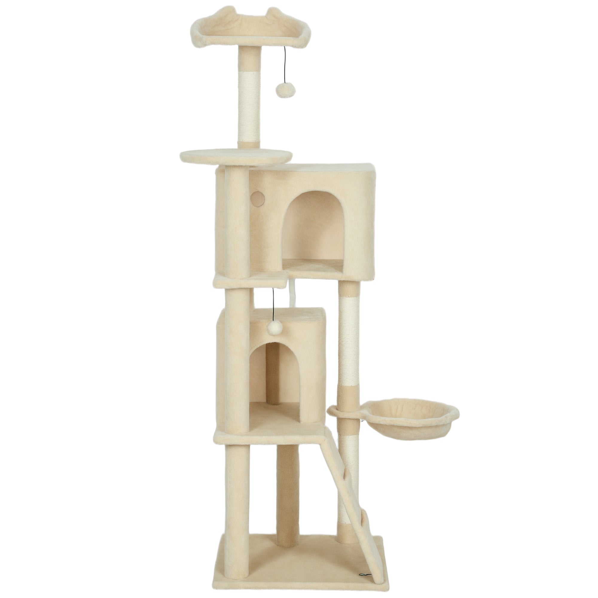 63 Inch Cat Tree with Sisal Scratching Posts, Condos, Plush Perches, Hammock, Ladder, Dangling Balls, Beige-Cats-DECOROLALA
