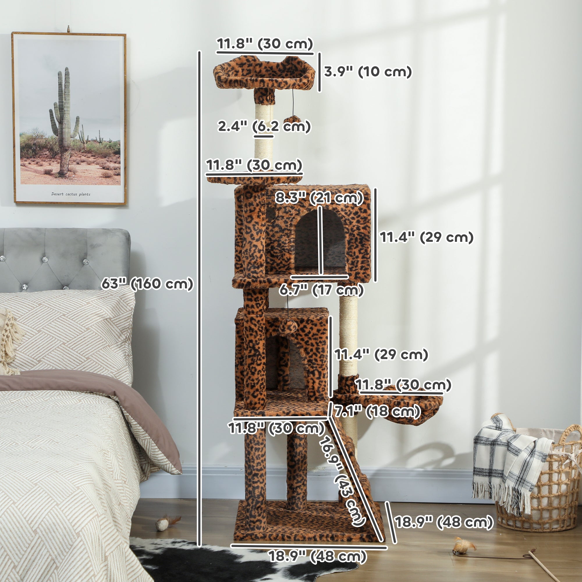 63 Inch Cat Tree with Sisal Scratching Posts, Condos, Plush Perches, Hammock, Ladder, Dangling Balls, Leopard Print-Cats-DECOROLALA