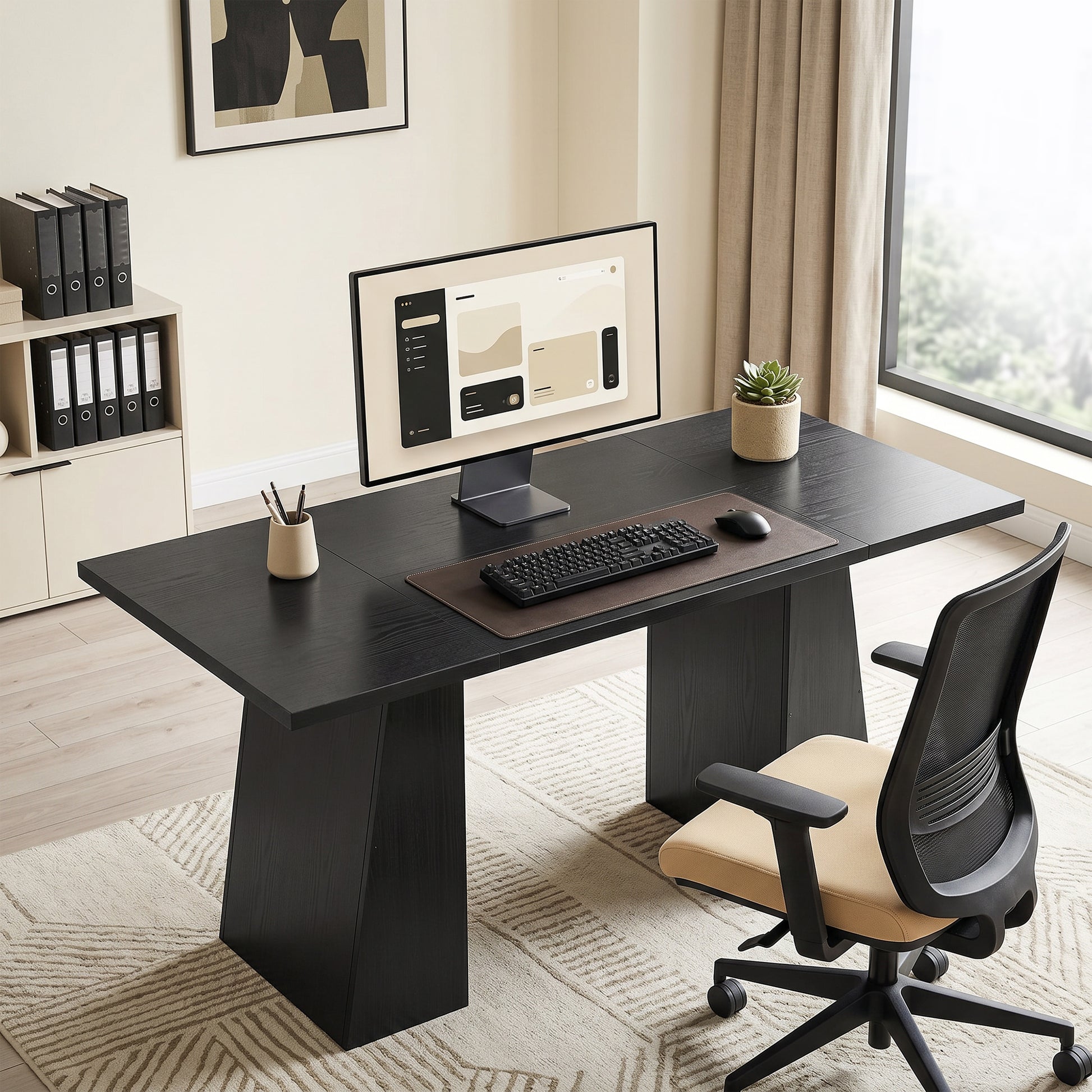 63 Inch Computer Desk with Trapezoidal Frame Light Black Wood Grain-Office Products > Office Furniture > Office Desks & Work Stations > Computer Desks-DECOROLALA