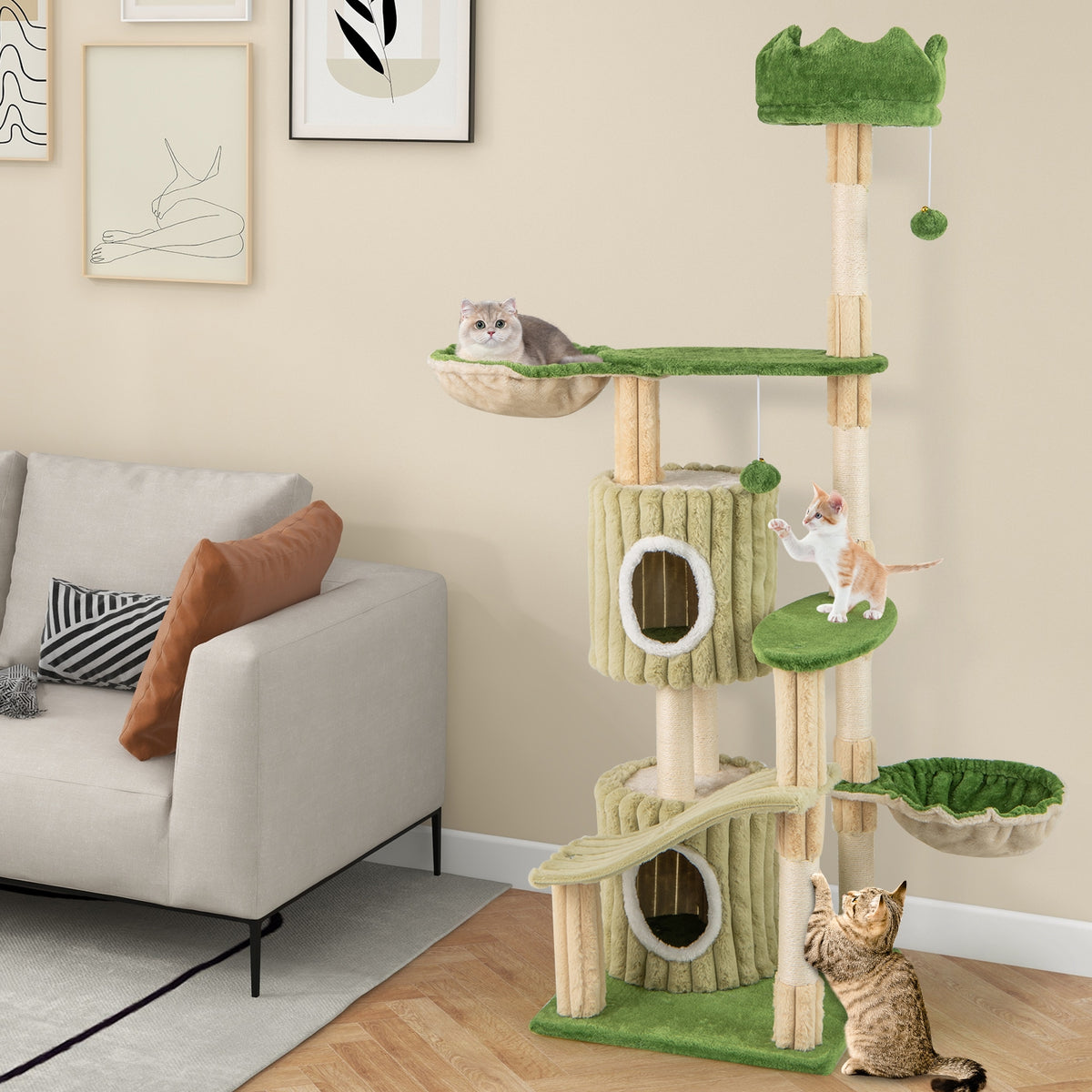63 Inch Multi-Level Aesthetic Stripped Kitten Tower with 2 Condos-Green-Cat Trees & Scratchers-DECOROLALA