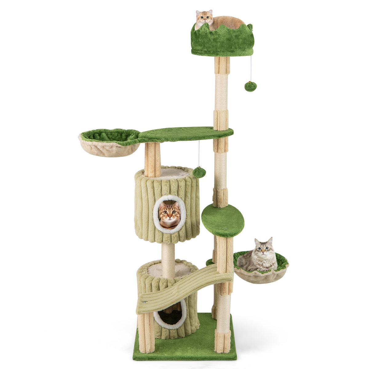 63 Inch Multi-Level Aesthetic Stripped Kitten Tower with 2 Condos-Green-Cat Trees & Scratchers-DECOROLALA