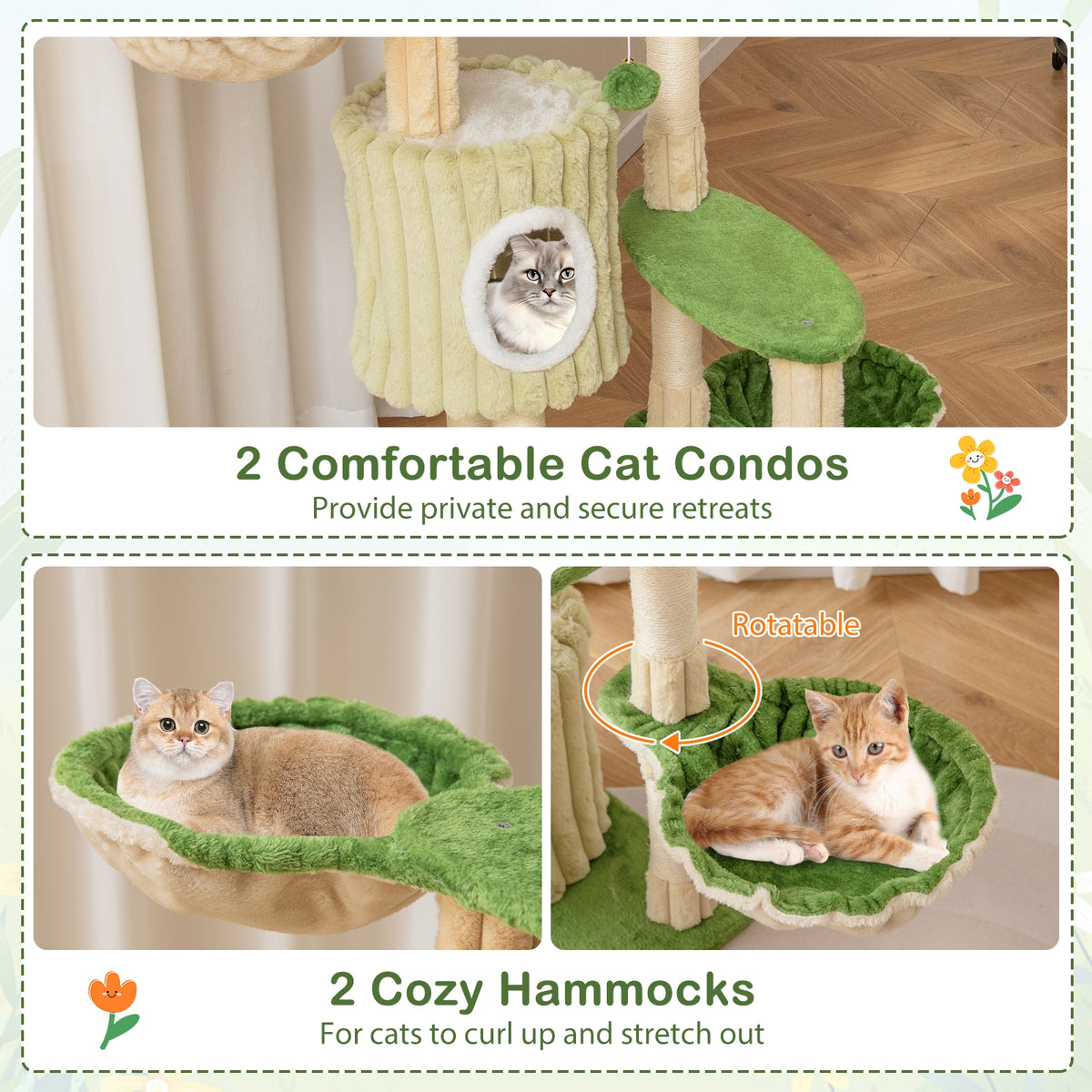 63 Inch Multi-Level Aesthetic Stripped Kitten Tower with 2 Condos-Green-Cat Trees & Scratchers-DECOROLALA