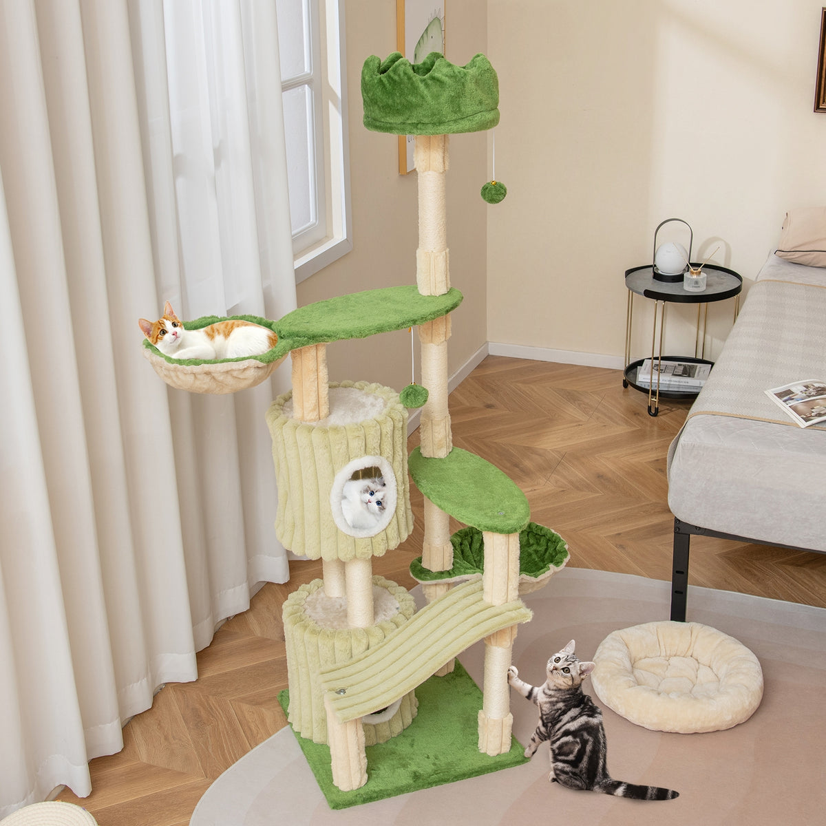 63 Inch Multi-Level Aesthetic Stripped Kitten Tower with 2 Condos-Green-Cat Trees & Scratchers-DECOROLALA