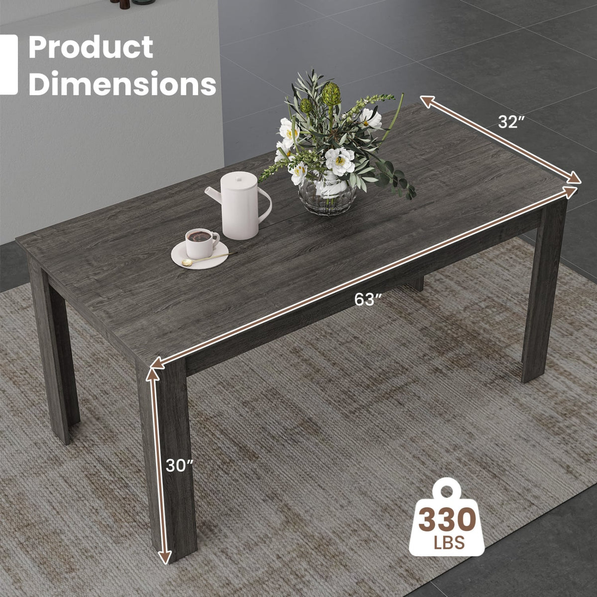 63 Inch Rectangular Modern Dining Kitchen Table-Gray-Dining Tables-DECOROLALA