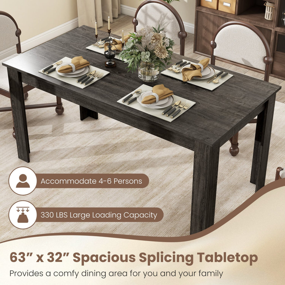 63 Inch Rectangular Modern Dining Kitchen Table-Gray-Dining Tables-DECOROLALA