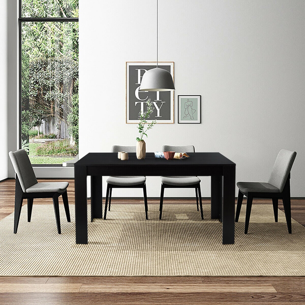 63 Inch Rectangular Modern Dining Kitchen Table for 6 People-Black-Dining Tables-DECOROLALA