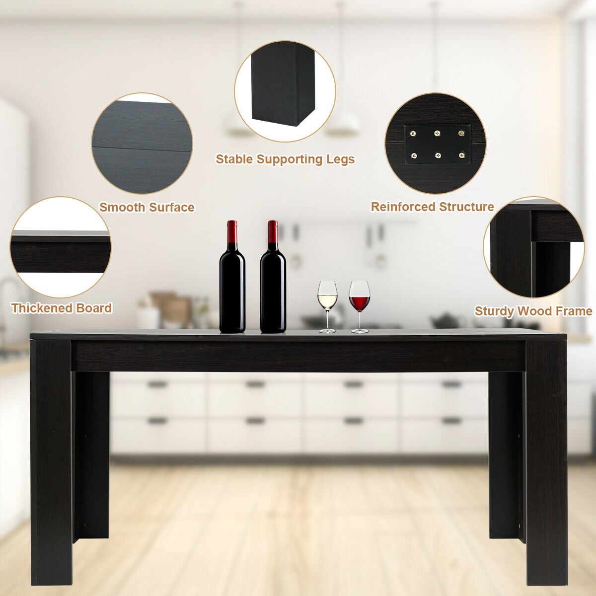 63 Inch Rectangular Modern Dining Kitchen Table for 6 People-Black-Dining Tables-DECOROLALA