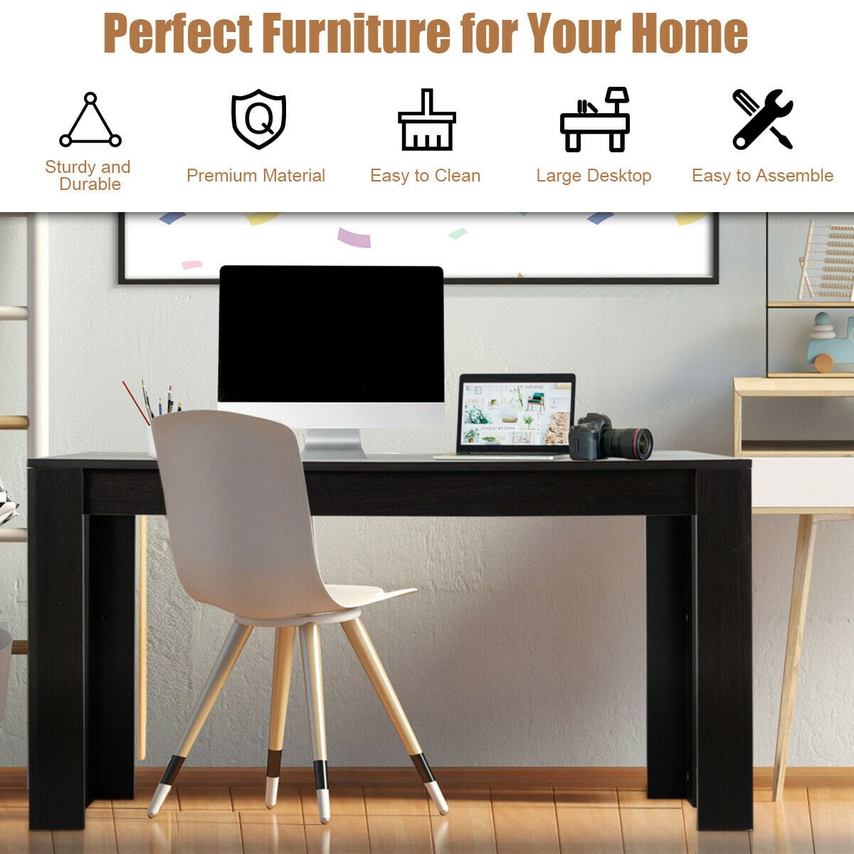 63 Inch Rectangular Modern Dining Kitchen Table for 6 People-Black-Dining Tables-DECOROLALA