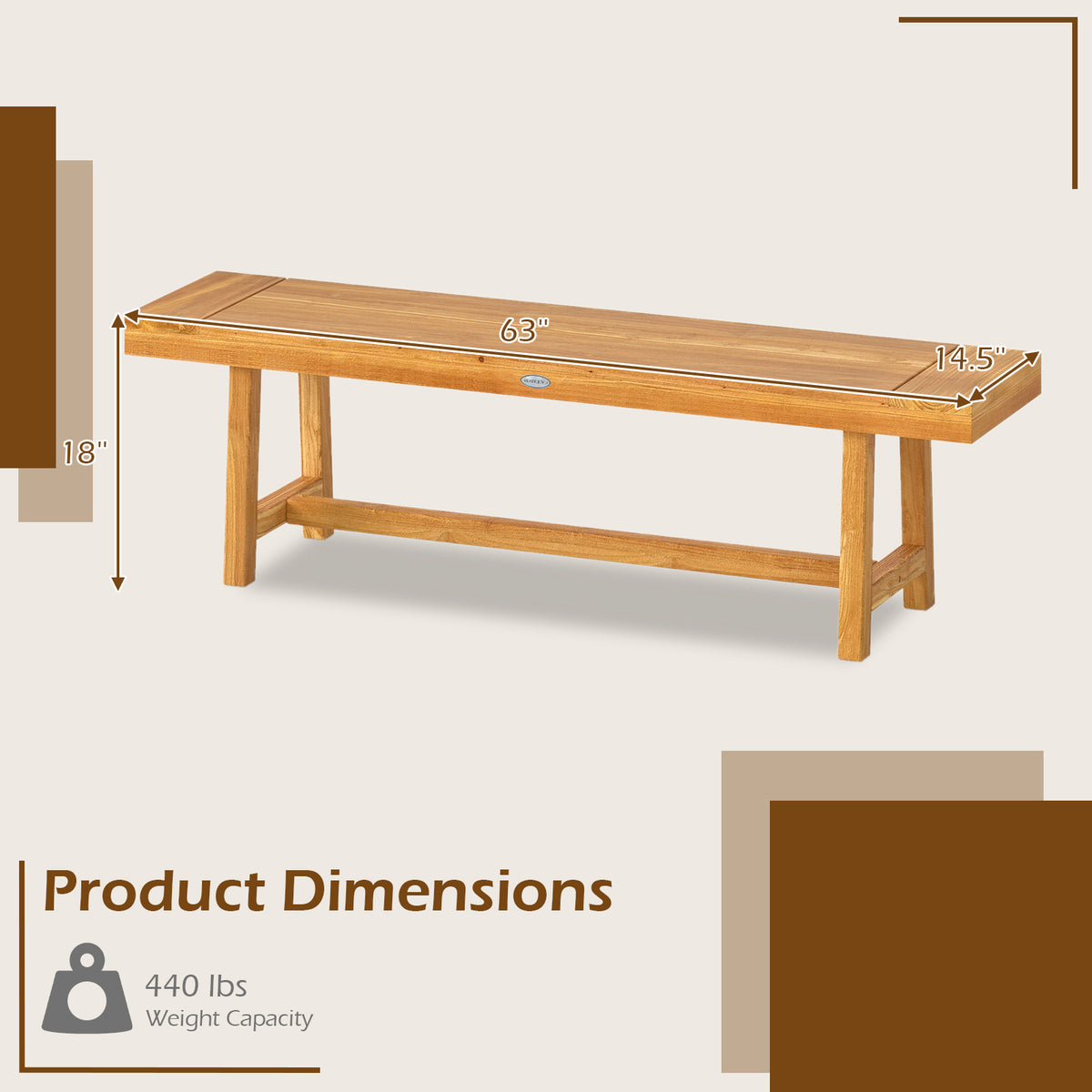 63 Inch Solid Wood Bench for up to 3 People-Outdoor Benches-DECOROLALA