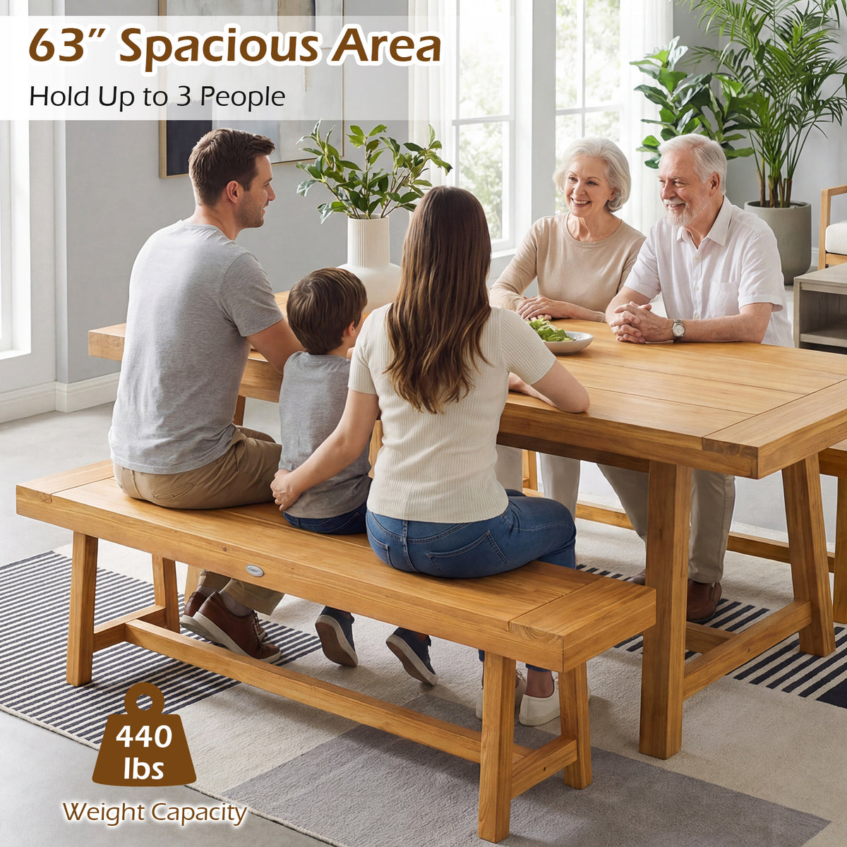 63 Inch Solid Wood Bench for up to 3 People-Outdoor Benches-DECOROLALA