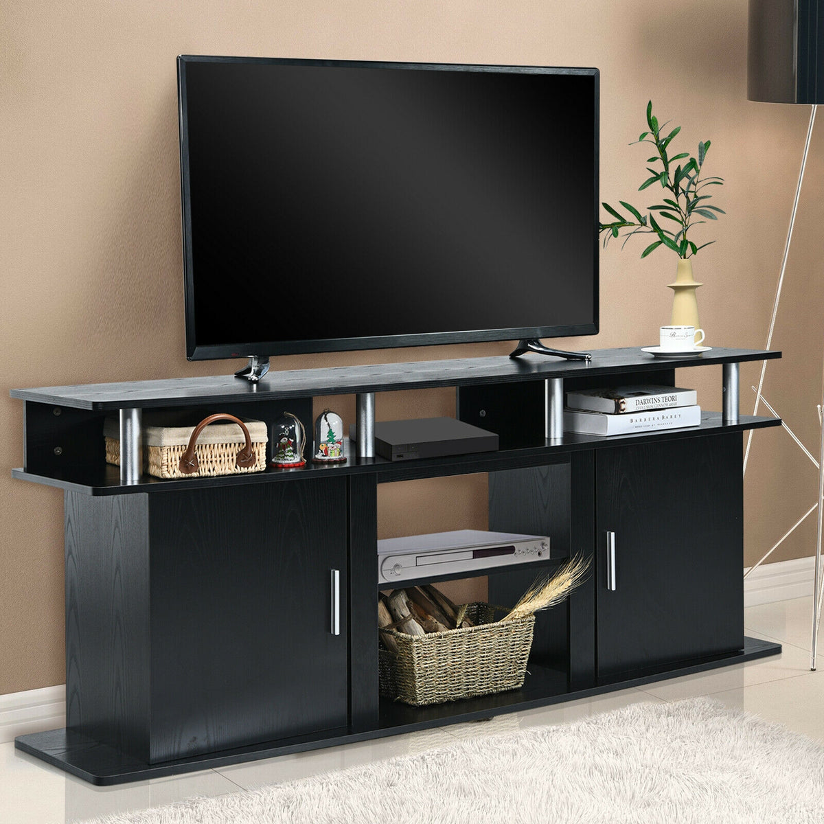 63 Inch TV Entertainment Console Center with 2 Cabinets-Black-Entertainment Centers & TV Stands-DECOROLALA