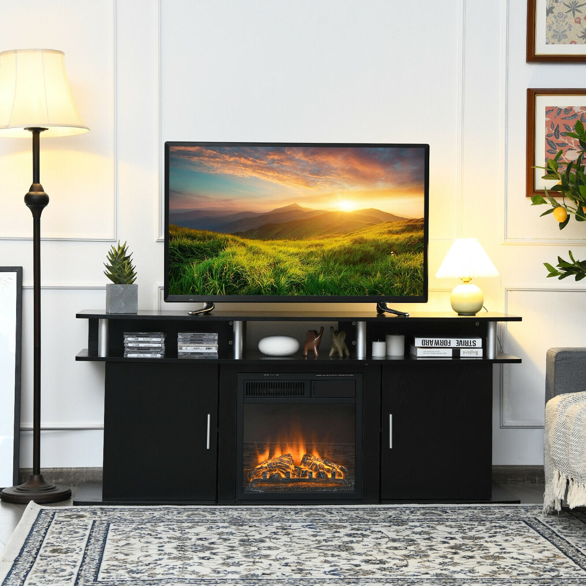 63 Inch TV Entertainment Console Center with 2 Cabinets-Black-Entertainment Centers & TV Stands-DECOROLALA