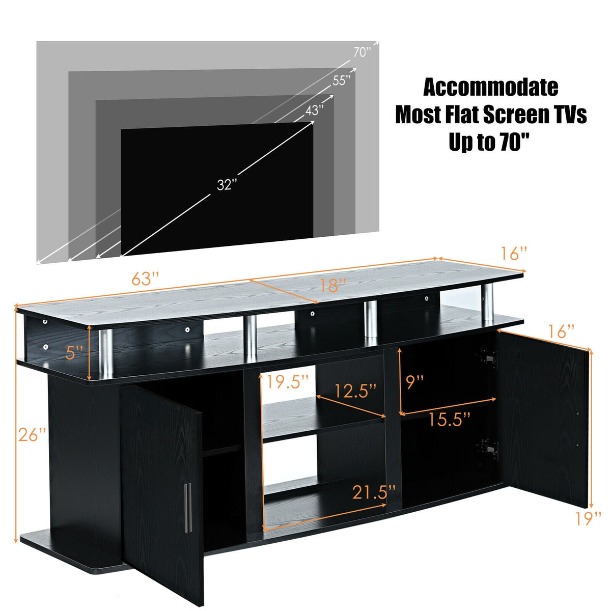 63 Inch TV Entertainment Console Center with 2 Cabinets-Black-Entertainment Centers & TV Stands-DECOROLALA