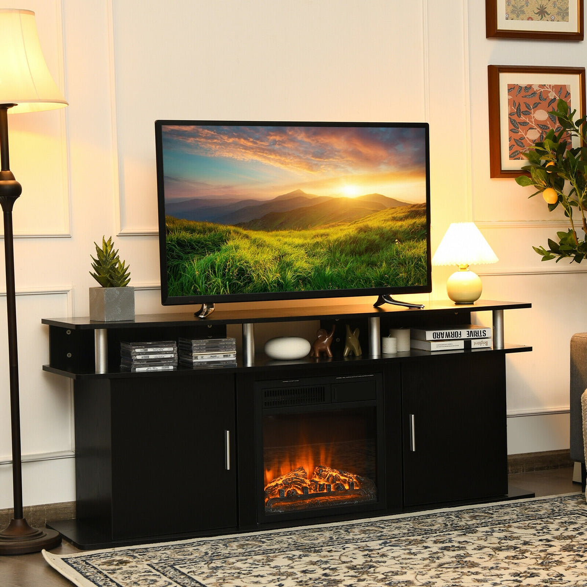 63 Inch TV Entertainment Console Center with 2 Cabinets-Black-Entertainment Centers & TV Stands-DECOROLALA