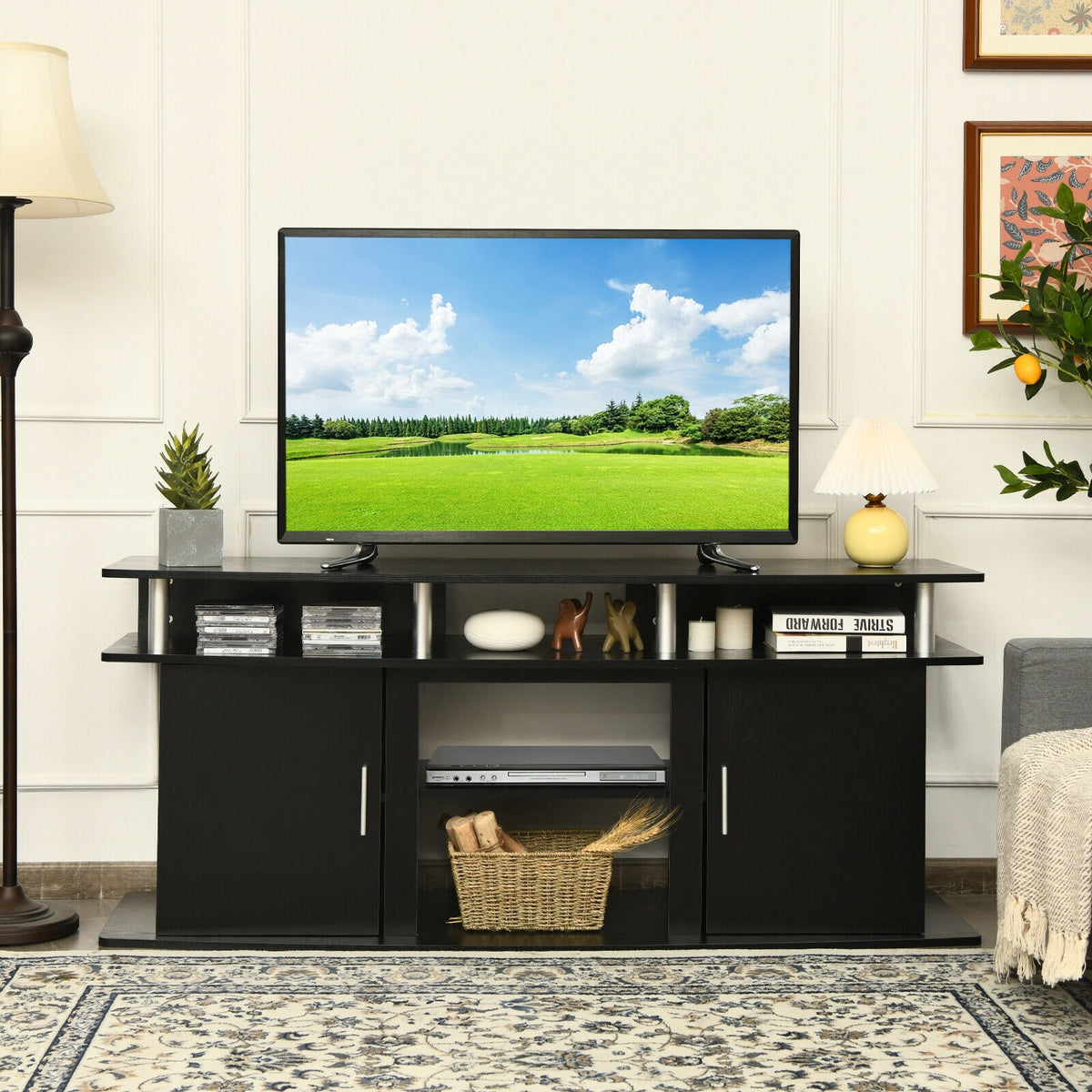 63 Inch TV Entertainment Console Center with 2 Cabinets-Black-Entertainment Centers & TV Stands-DECOROLALA