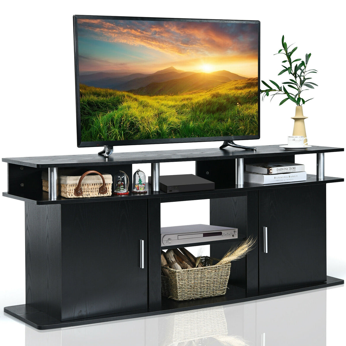 63 Inch TV Entertainment Console Center with 2 Cabinets-Black-Entertainment Centers & TV Stands-DECOROLALA