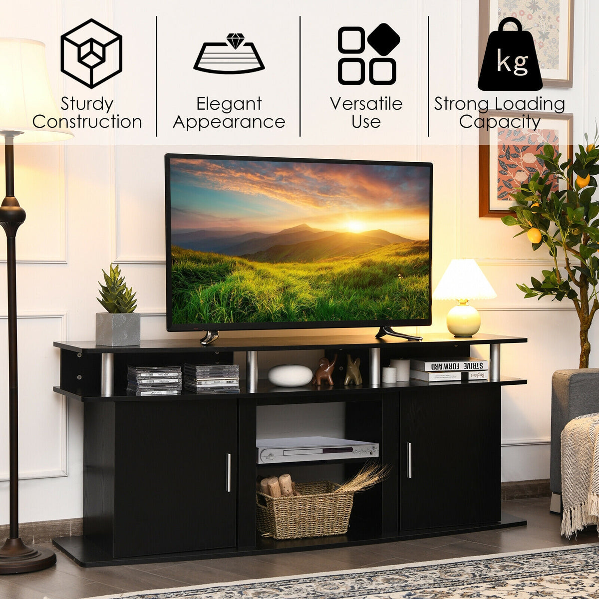 63 Inch TV Entertainment Console Center with 2 Cabinets-Black-Entertainment Centers & TV Stands-DECOROLALA