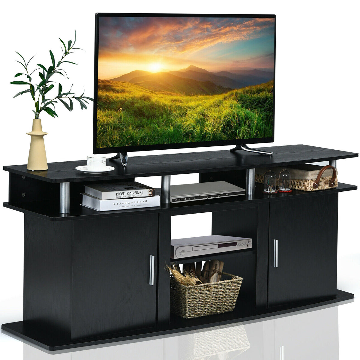 63 Inch TV Entertainment Console Center with 2 Cabinets-Black-Entertainment Centers & TV Stands-DECOROLALA