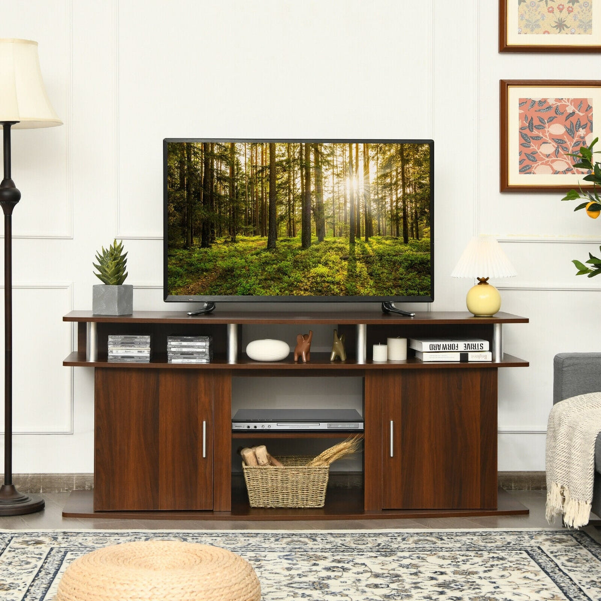 63 Inch TV Entertainment Console Center with 2 Cabinets-Walnut-Entertainment Centers & TV Stands-DECOROLALA