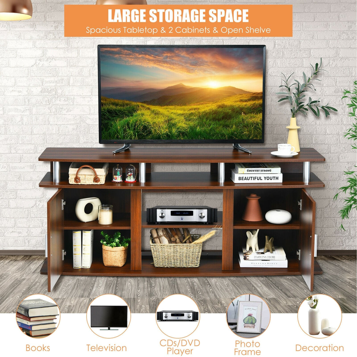 63 Inch TV Entertainment Console Center with 2 Cabinets-Walnut-Entertainment Centers & TV Stands-DECOROLALA