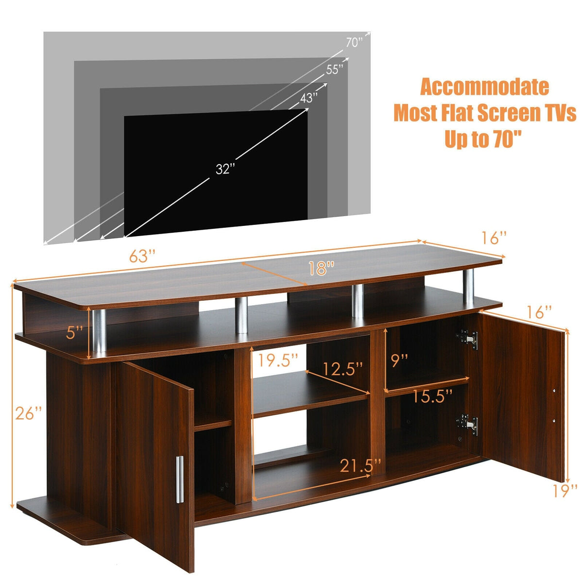 63 Inch TV Entertainment Console Center with 2 Cabinets-Walnut-Entertainment Centers & TV Stands-DECOROLALA